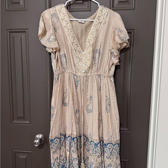 Boho Beige and Blue Embroidered Dress - Picture 2 of 2